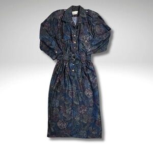 VTG Dark Floral USA-Made Belted Utility Shirt Dress